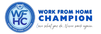 Logo for Work From Home Champion featuring a blue circular emblem with the initials WFHC and the motto Love what you do.